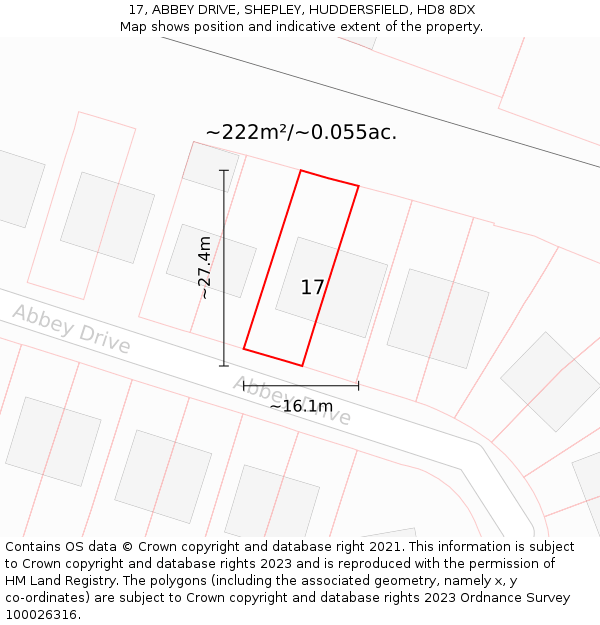 17, ABBEY DRIVE, SHEPLEY, HUDDERSFIELD, HD8 8DX: Plot and title map