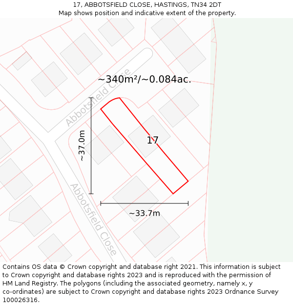 17, ABBOTSFIELD CLOSE, HASTINGS, TN34 2DT: Plot and title map