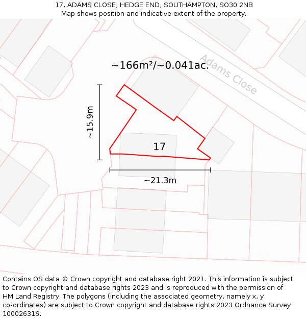 17, ADAMS CLOSE, HEDGE END, SOUTHAMPTON, SO30 2NB: Plot and title map