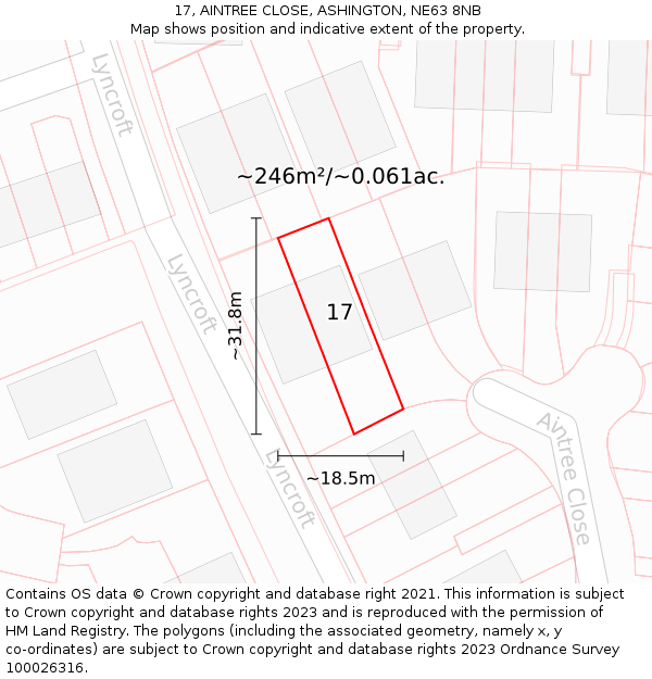 17, AINTREE CLOSE, ASHINGTON, NE63 8NB: Plot and title map