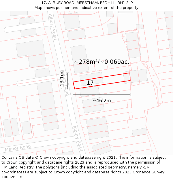 17, ALBURY ROAD, MERSTHAM, REDHILL, RH1 3LP: Plot and title map