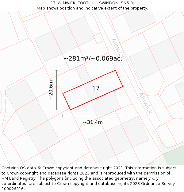17, ALNWICK, TOOTHILL, SWINDON, SN5 8JJ: Plot and title map