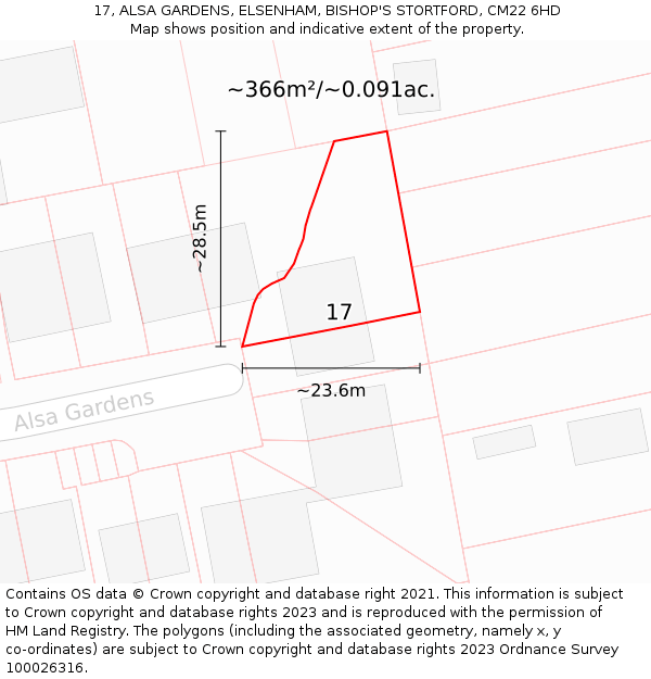 17, ALSA GARDENS, ELSENHAM, BISHOP'S STORTFORD, CM22 6HD: Plot and title map