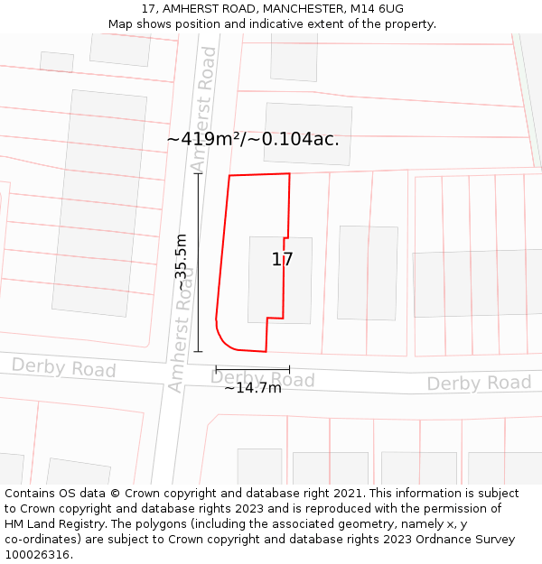 17, AMHERST ROAD, MANCHESTER, M14 6UG: Plot and title map