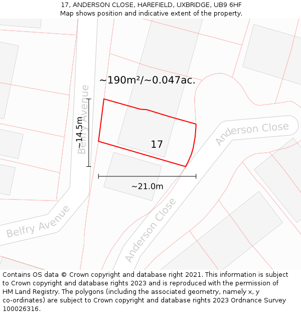 17, ANDERSON CLOSE, HAREFIELD, UXBRIDGE, UB9 6HF: Plot and title map