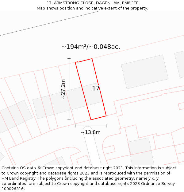 17, ARMSTRONG CLOSE, DAGENHAM, RM8 1TF: Plot and title map