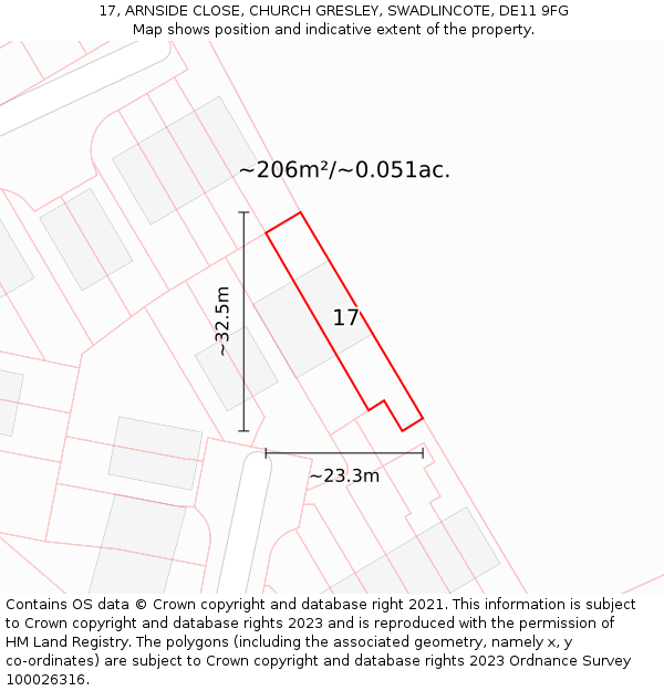 17, ARNSIDE CLOSE, CHURCH GRESLEY, SWADLINCOTE, DE11 9FG: Plot and title map