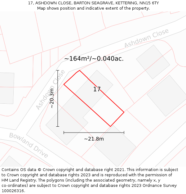 17, ASHDOWN CLOSE, BARTON SEAGRAVE, KETTERING, NN15 6TY: Plot and title map