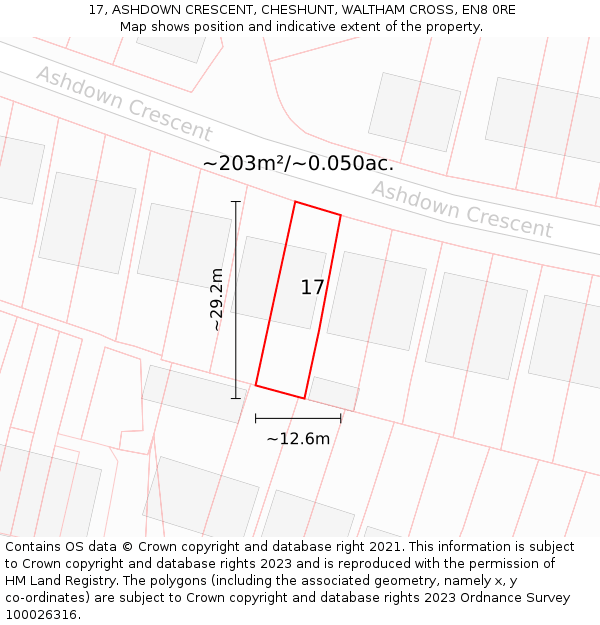 17, ASHDOWN CRESCENT, CHESHUNT, WALTHAM CROSS, EN8 0RE: Plot and title map