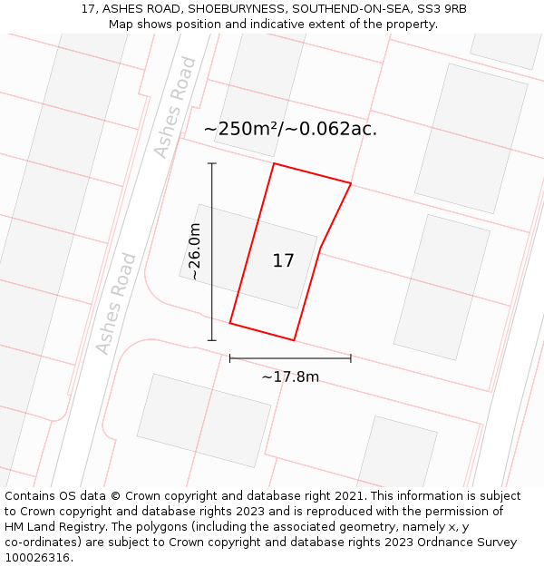 17, ASHES ROAD, SHOEBURYNESS, SOUTHEND-ON-SEA, SS3 9RB: Plot and title map