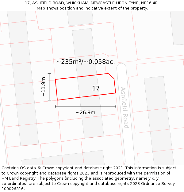 17, ASHFIELD ROAD, WHICKHAM, NEWCASTLE UPON TYNE, NE16 4PL: Plot and title map