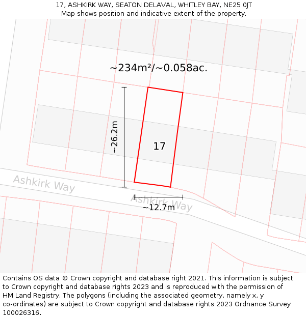 17, ASHKIRK WAY, SEATON DELAVAL, WHITLEY BAY, NE25 0JT: Plot and title map