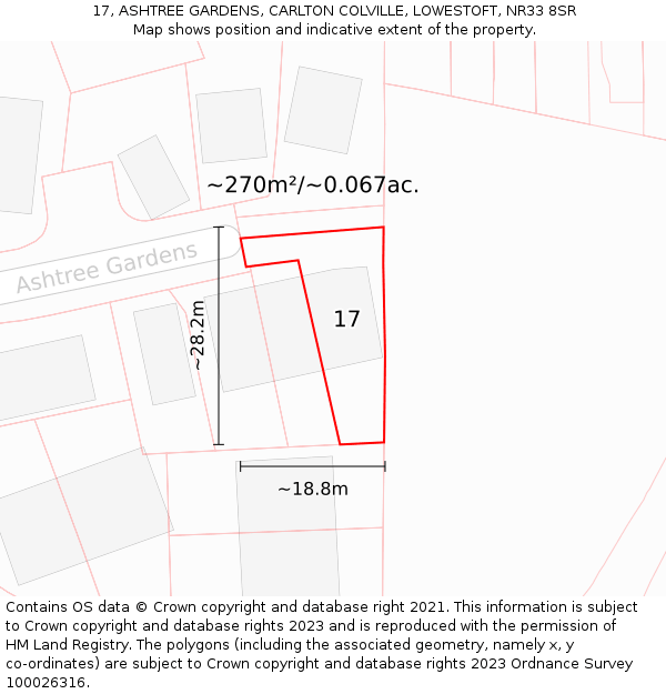 17, ASHTREE GARDENS, CARLTON COLVILLE, LOWESTOFT, NR33 8SR: Plot and title map
