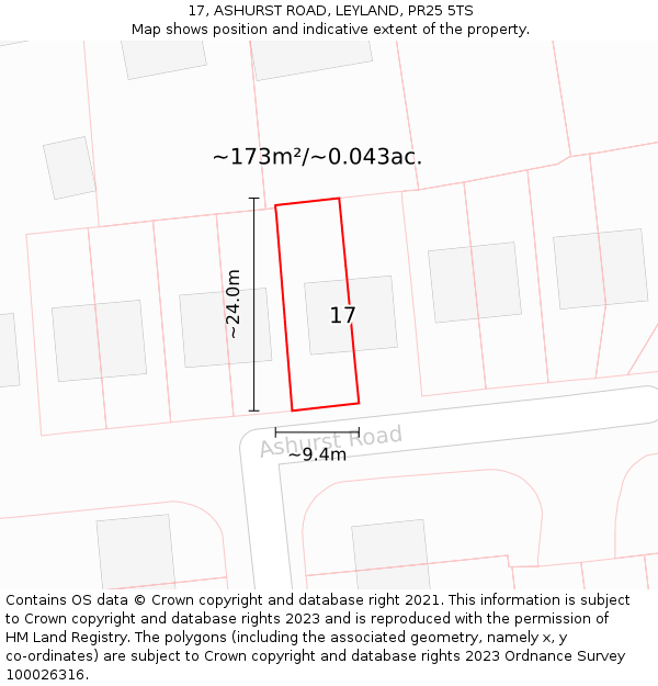 17, ASHURST ROAD, LEYLAND, PR25 5TS: Plot and title map
