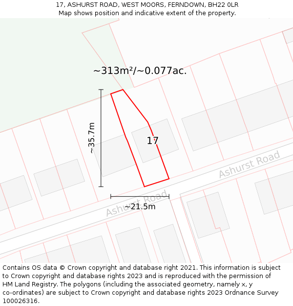 17, ASHURST ROAD, WEST MOORS, FERNDOWN, BH22 0LR: Plot and title map