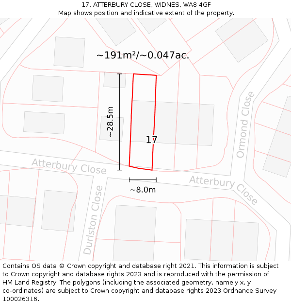 17, ATTERBURY CLOSE, WIDNES, WA8 4GF: Plot and title map