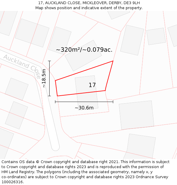 17, AUCKLAND CLOSE, MICKLEOVER, DERBY, DE3 9LH: Plot and title map