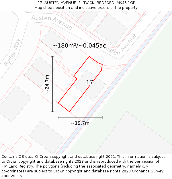 17, AUSTEN AVENUE, FLITWICK, BEDFORD, MK45 1GP: Plot and title map