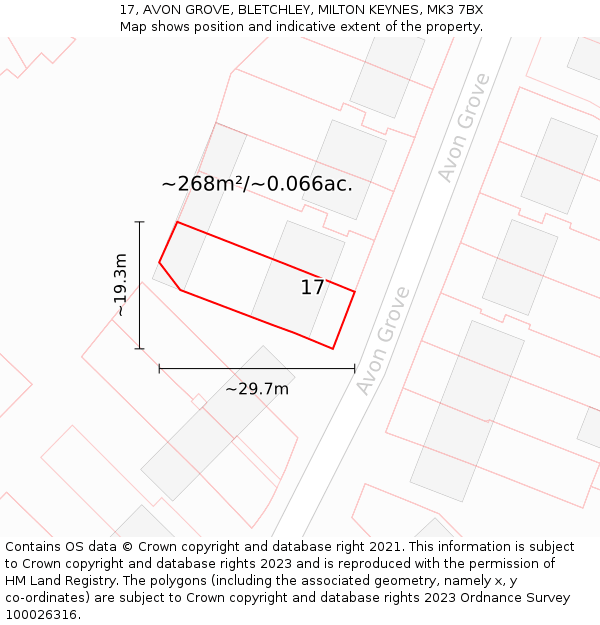 17, AVON GROVE, BLETCHLEY, MILTON KEYNES, MK3 7BX: Plot and title map