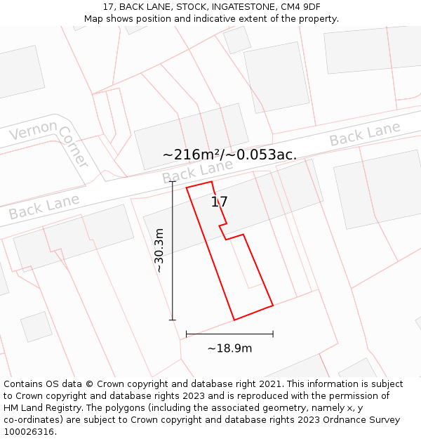 17, BACK LANE, STOCK, INGATESTONE, CM4 9DF: Plot and title map