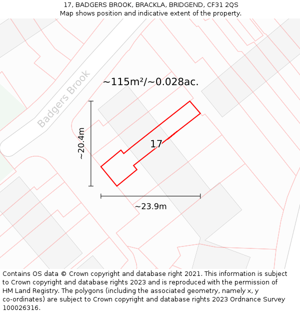17, BADGERS BROOK, BRACKLA, BRIDGEND, CF31 2QS: Plot and title map