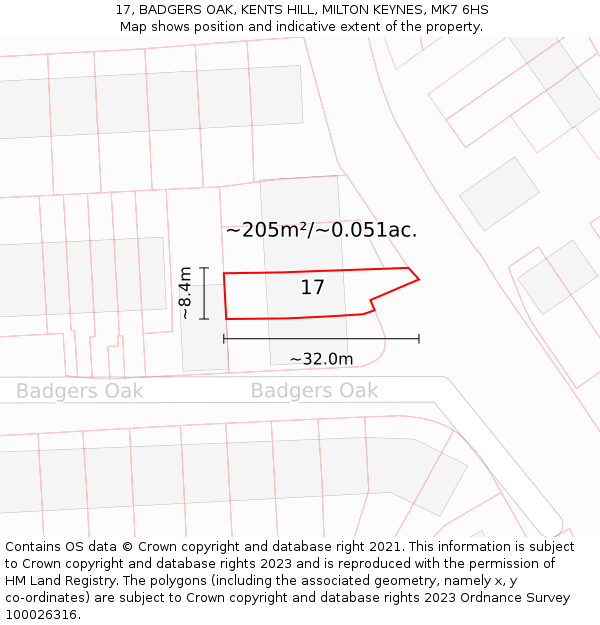 17, BADGERS OAK, KENTS HILL, MILTON KEYNES, MK7 6HS: Plot and title map
