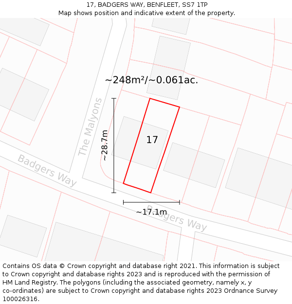 17, BADGERS WAY, BENFLEET, SS7 1TP: Plot and title map