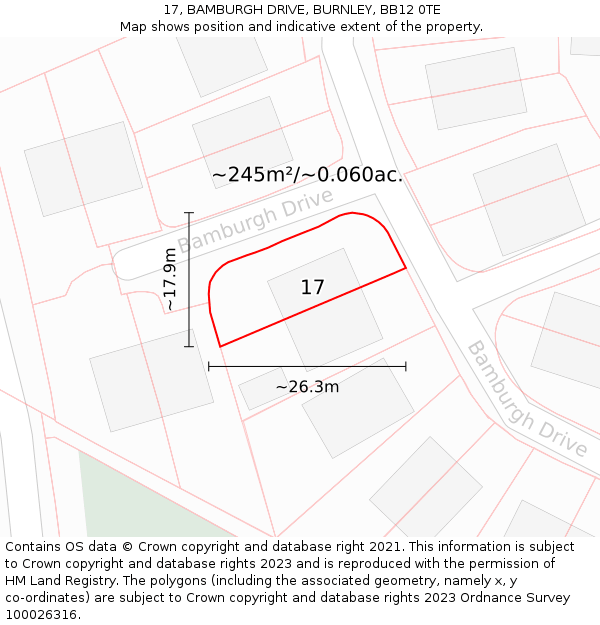 17, BAMBURGH DRIVE, BURNLEY, BB12 0TE: Plot and title map
