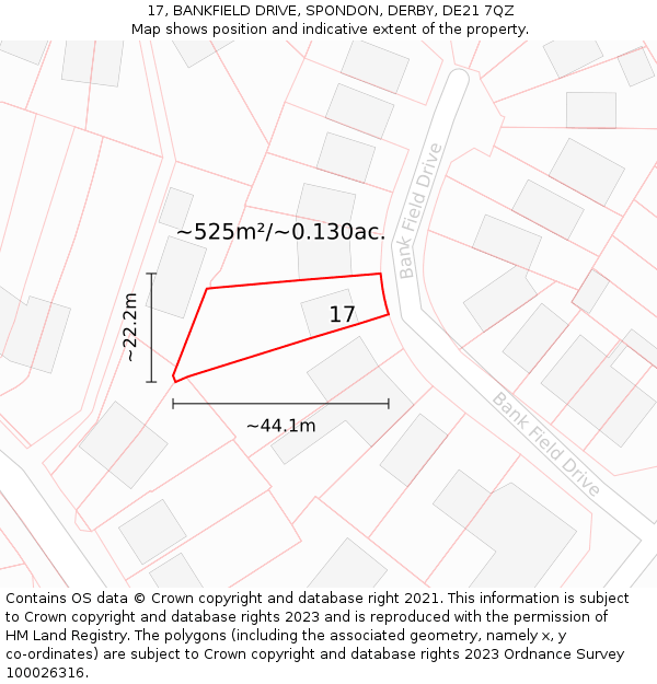 17, BANKFIELD DRIVE, SPONDON, DERBY, DE21 7QZ: Plot and title map