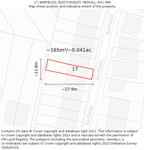 17, BARFIELDS, BLETCHINGLEY, REDHILL, RH1 4RA: Plot and title map