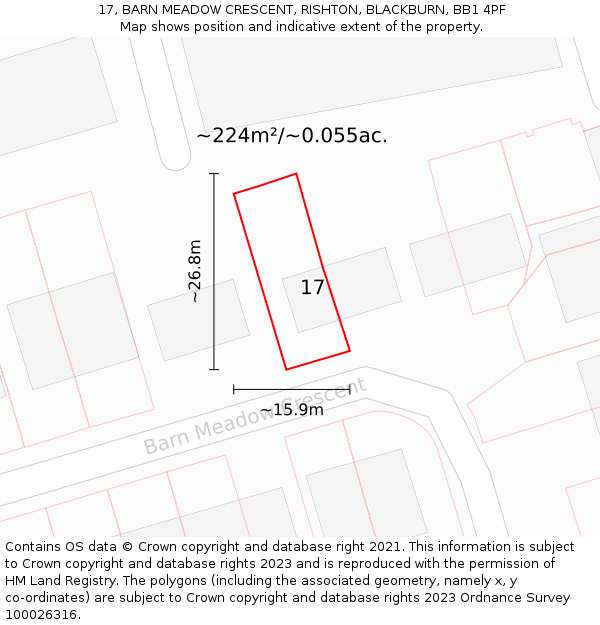 17, BARN MEADOW CRESCENT, RISHTON, BLACKBURN, BB1 4PF: Plot and title map