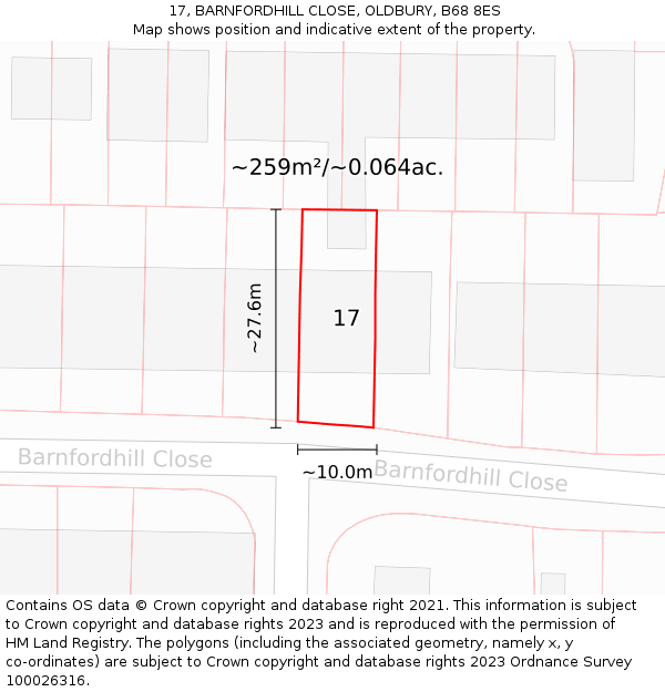 17, BARNFORDHILL CLOSE, OLDBURY, B68 8ES: Plot and title map