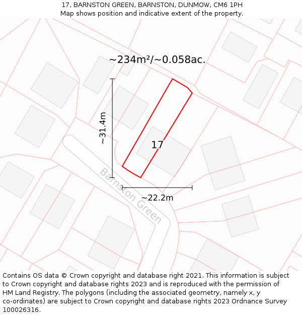 17, BARNSTON GREEN, BARNSTON, DUNMOW, CM6 1PH: Plot and title map