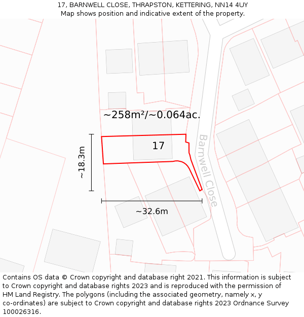 17, BARNWELL CLOSE, THRAPSTON, KETTERING, NN14 4UY: Plot and title map