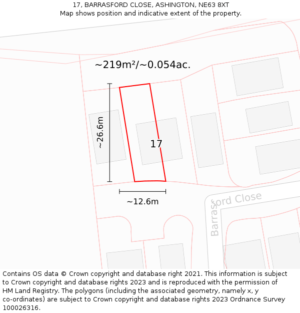 17, BARRASFORD CLOSE, ASHINGTON, NE63 8XT: Plot and title map