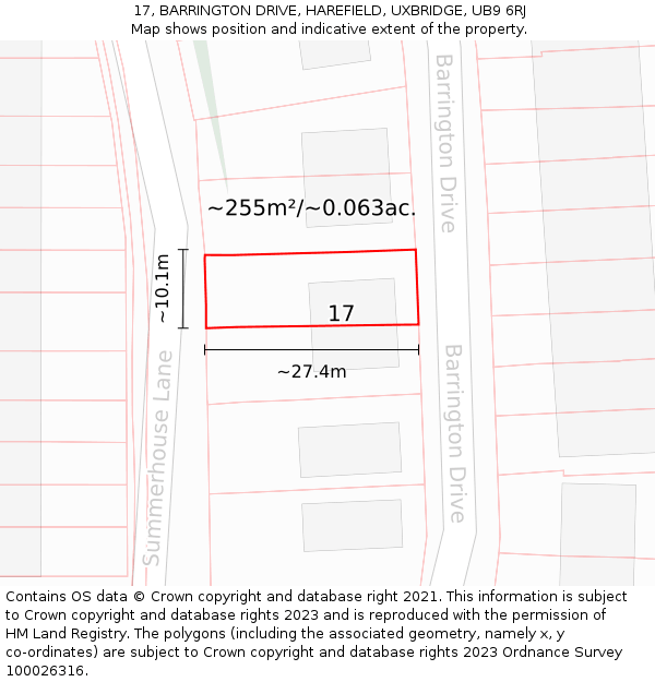 17, BARRINGTON DRIVE, HAREFIELD, UXBRIDGE, UB9 6RJ: Plot and title map