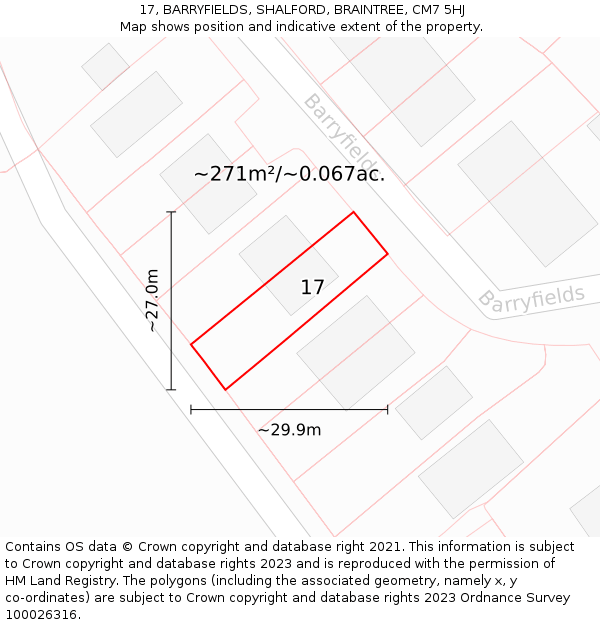 17, BARRYFIELDS, SHALFORD, BRAINTREE, CM7 5HJ: Plot and title map