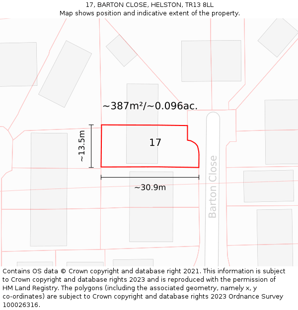 17, BARTON CLOSE, HELSTON, TR13 8LL: Plot and title map