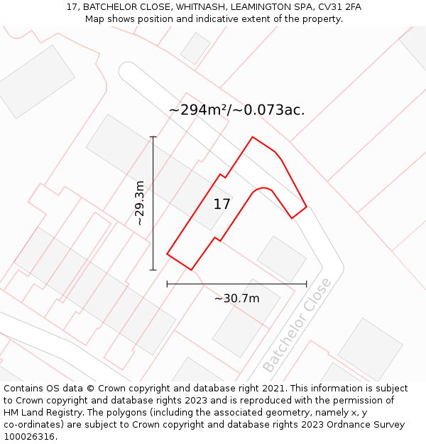 17, BATCHELOR CLOSE, WHITNASH, LEAMINGTON SPA, CV31 2FA: Plot and title map