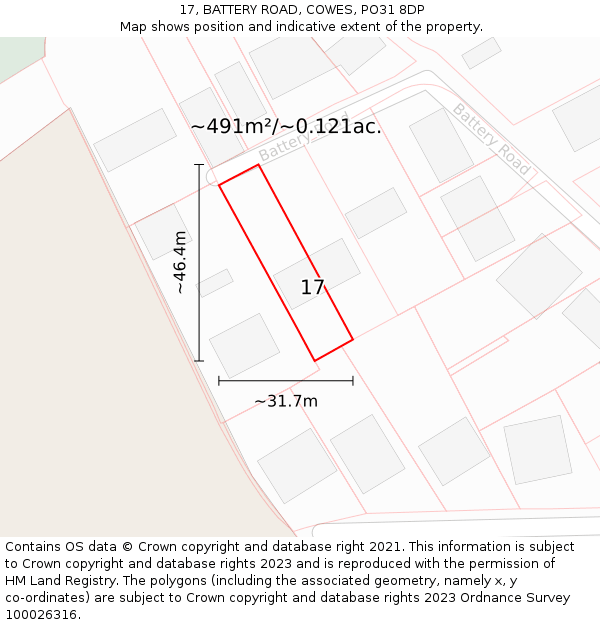 17, BATTERY ROAD, COWES, PO31 8DP: Plot and title map