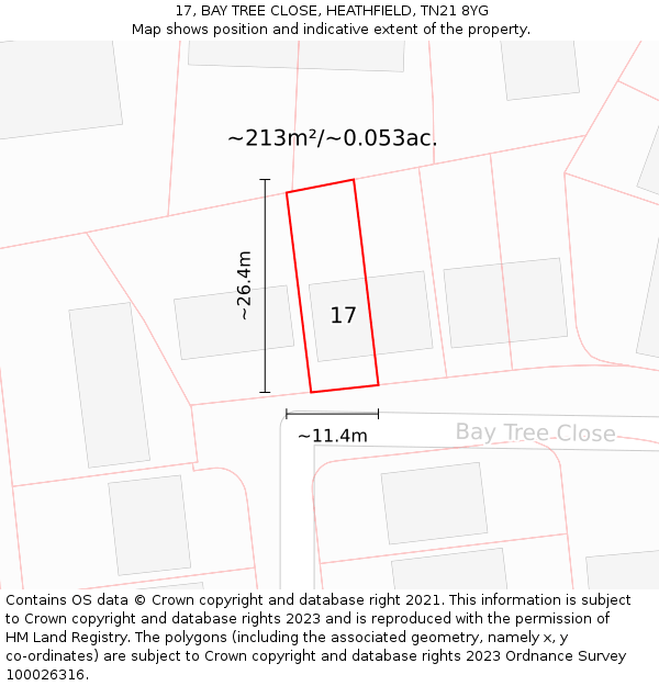17, BAY TREE CLOSE, HEATHFIELD, TN21 8YG: Plot and title map