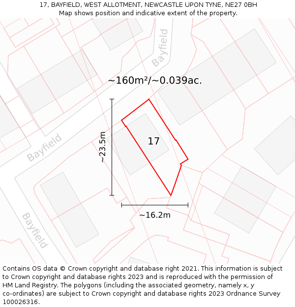 17, BAYFIELD, WEST ALLOTMENT, NEWCASTLE UPON TYNE, NE27 0BH: Plot and title map