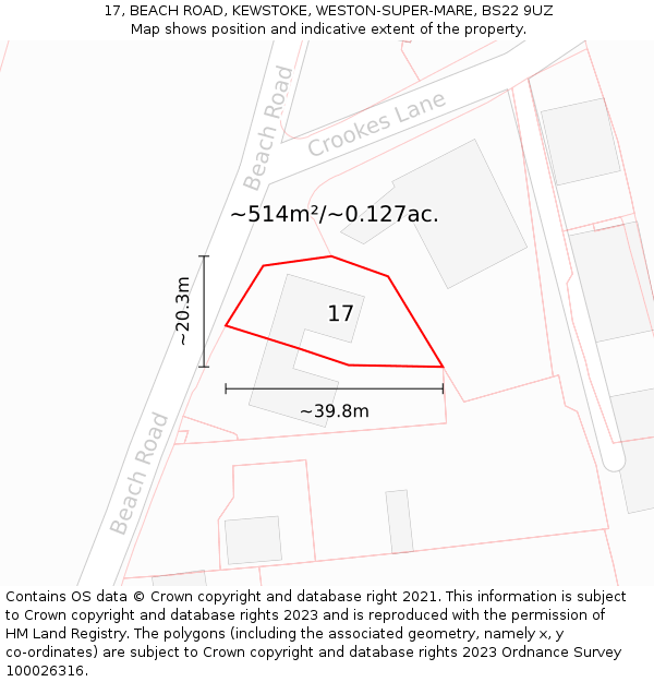 17, BEACH ROAD, KEWSTOKE, WESTON-SUPER-MARE, BS22 9UZ: Plot and title map