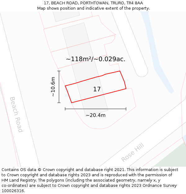 17, BEACH ROAD, PORTHTOWAN, TRURO, TR4 8AA: Plot and title map