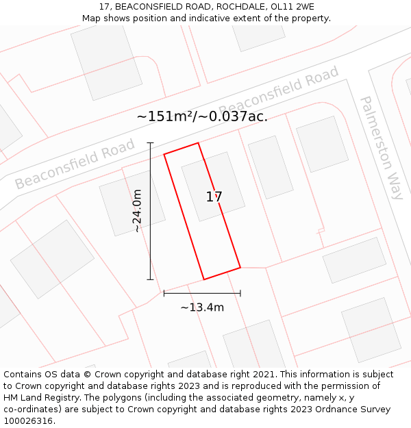 17, BEACONSFIELD ROAD, ROCHDALE, OL11 2WE: Plot and title map