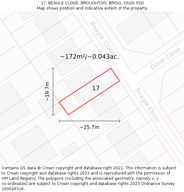 17, BEAGLE CLOSE, BROUGHTON, BRIGG, DN20 0SD: Plot and title map