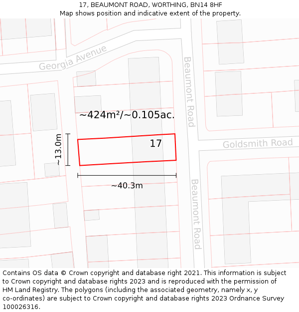 17, BEAUMONT ROAD, WORTHING, BN14 8HF: Plot and title map