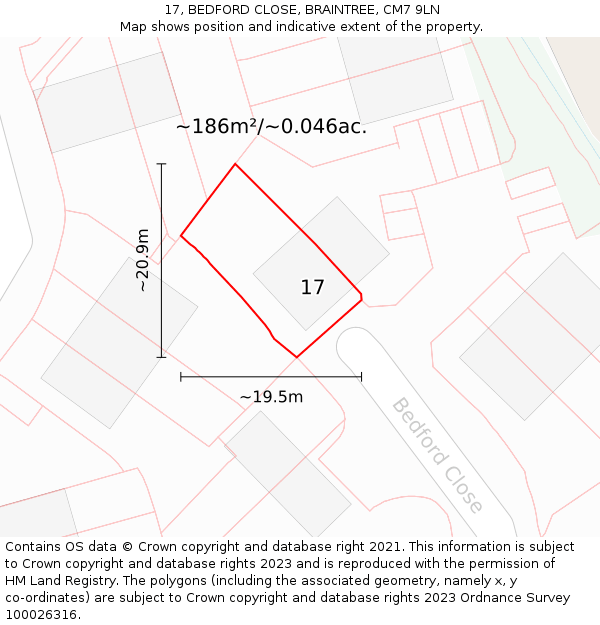 17, BEDFORD CLOSE, BRAINTREE, CM7 9LN: Plot and title map