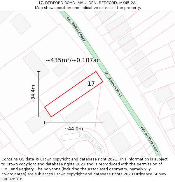 17, BEDFORD ROAD, MAULDEN, BEDFORD, MK45 2AL: Plot and title map