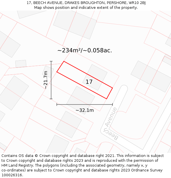 17, BEECH AVENUE, DRAKES BROUGHTON, PERSHORE, WR10 2BJ: Plot and title map